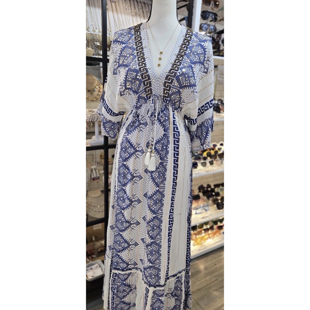 Zury Bohemian Geometric Sequin Baby Doll Flowy Maxi Dress Blue White Free Size L